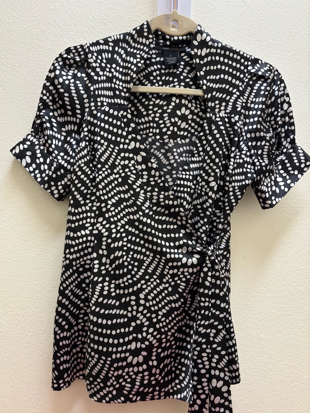 BCBGMaxAzria Black and White Dot-Print Wrap Blouse